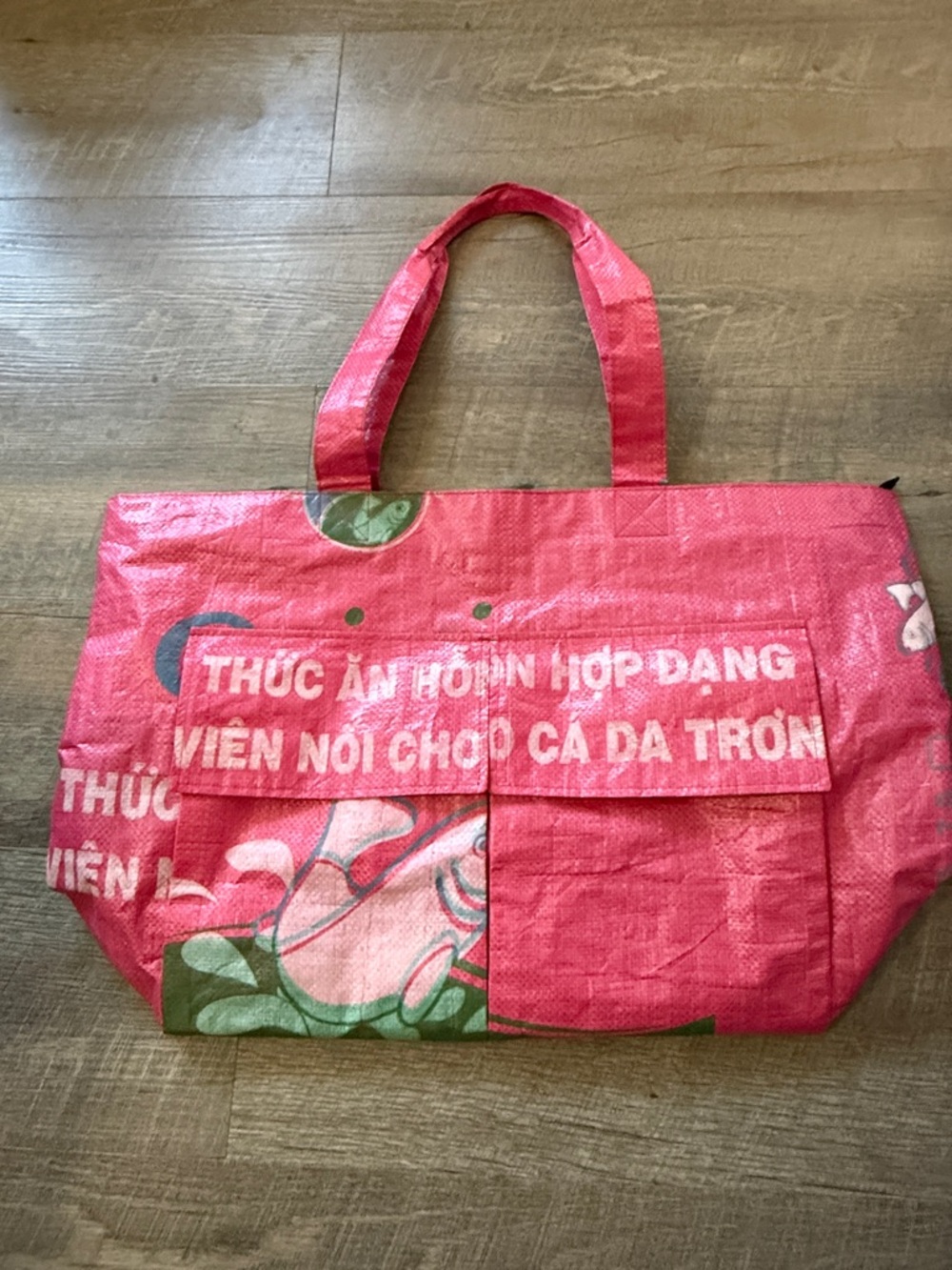 Red Graphic Reusable Tote Bag with Front Flap Pocket